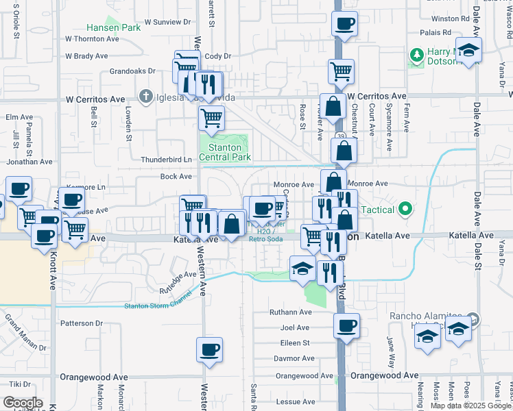 map of restaurants, bars, coffee shops, grocery stores, and more near 10905 Date Street in Stanton