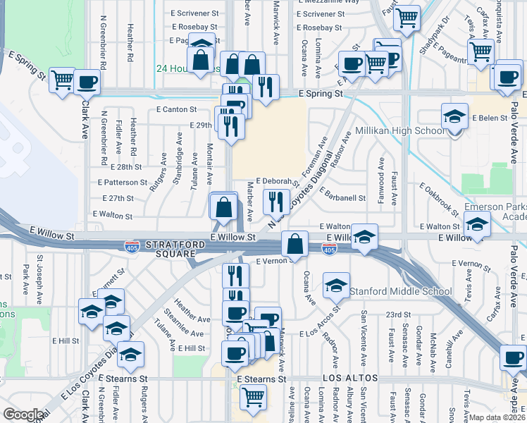 map of restaurants, bars, coffee shops, grocery stores, and more near 2625 Foreman Avenue in Long Beach