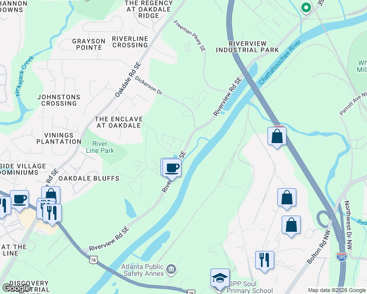map of restaurants, bars, coffee shops, grocery stores, and more near 6163-6229 Riverview Road Southeast in Mableton