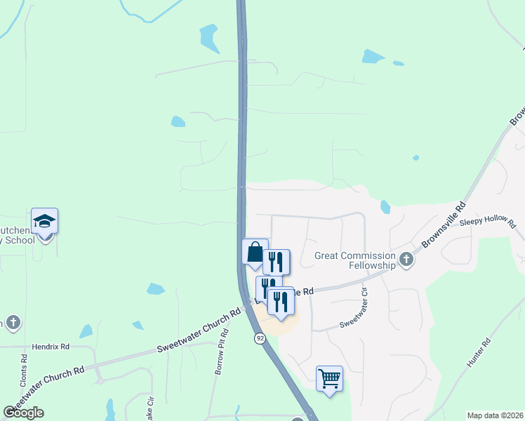 map of restaurants, bars, coffee shops, grocery stores, and more near 609 Water Way Trail in Powder Springs