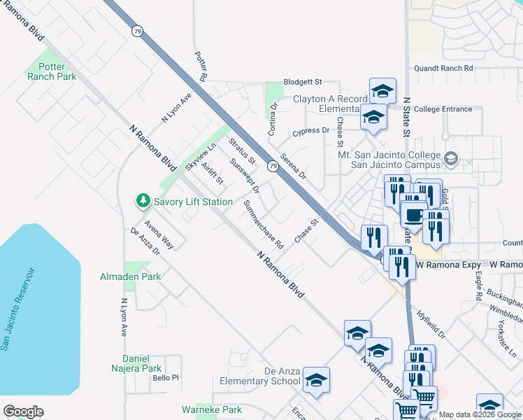 map of restaurants, bars, coffee shops, grocery stores, and more near 1336 Sunswept Drive in San Jacinto