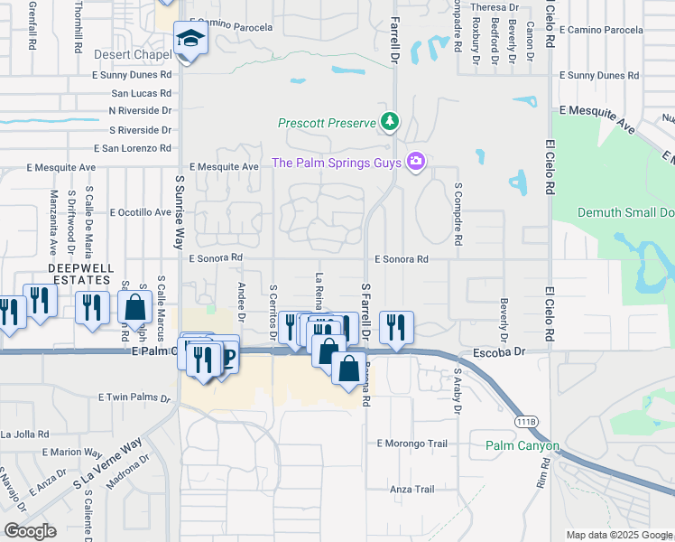 map of restaurants, bars, coffee shops, grocery stores, and more near 2348 East Santa Ynez Way in Palm Springs