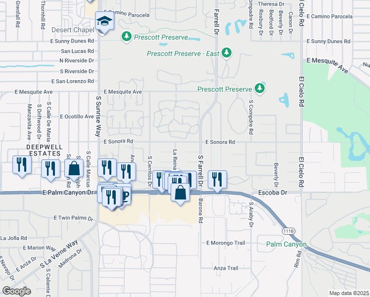 map of restaurants, bars, coffee shops, grocery stores, and more near 2348 East Santa Ynez Way in Palm Springs