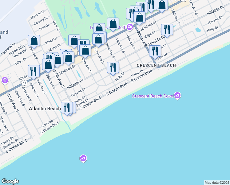 map of restaurants, bars, coffee shops, grocery stores, and more near 2101 South Ocean Boulevard in North Myrtle Beach