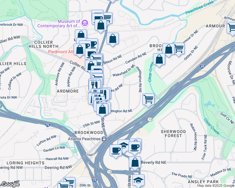 map of restaurants, bars, coffee shops, grocery stores, and more near 57 Northwood Avenue Northeast in Atlanta