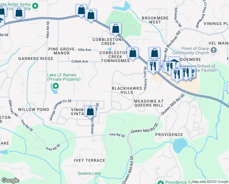 map of restaurants, bars, coffee shops, grocery stores, and more near 607 Hickory Trail in Mableton