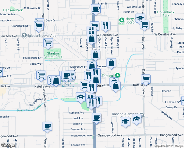 map of restaurants, bars, coffee shops, grocery stores, and more near 10690 Beach Boulevard in Stanton