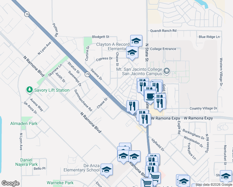 map of restaurants, bars, coffee shops, grocery stores, and more near 965 Acorn Drive in San Jacinto
