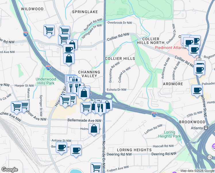 map of restaurants, bars, coffee shops, grocery stores, and more near 1814 Greystone Road Northwest in Atlanta