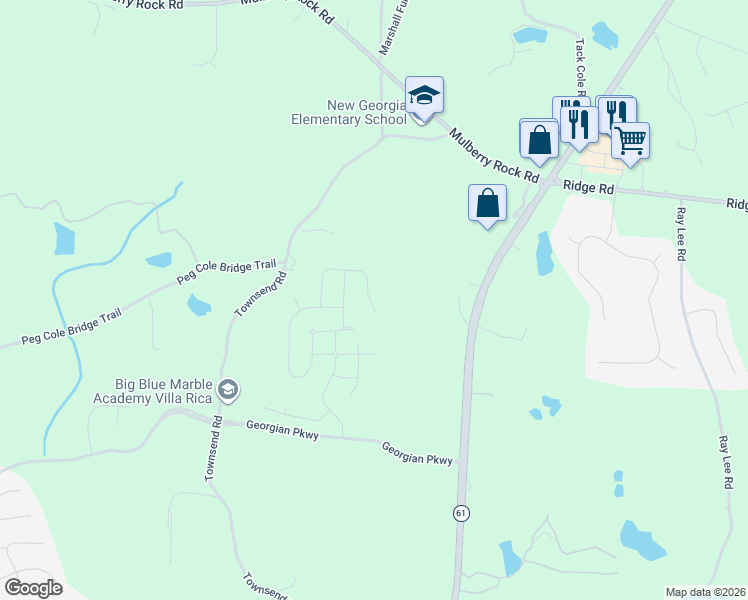 map of restaurants, bars, coffee shops, grocery stores, and more near 2211 Meriwether Rty in Villa Rica
