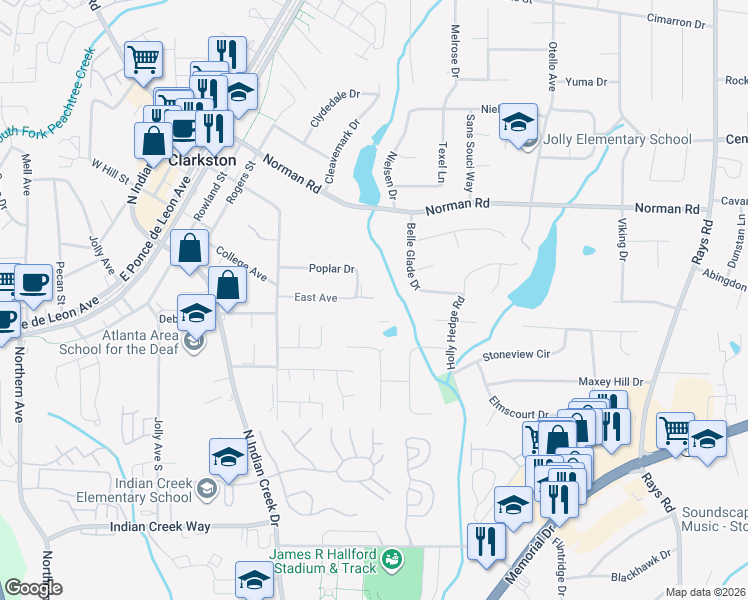 map of restaurants, bars, coffee shops, grocery stores, and more near 3835 East Avenue in Clarkston