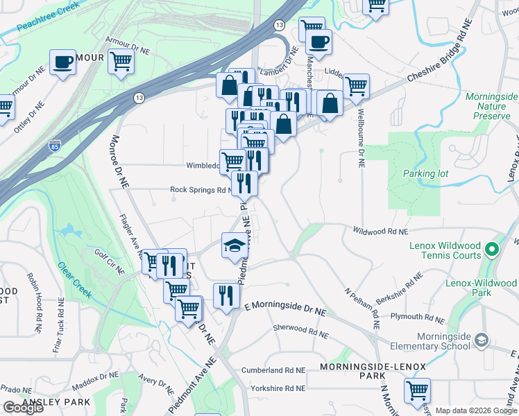 map of restaurants, bars, coffee shops, grocery stores, and more near 1812 North Rock Springs Road Northeast in Atlanta