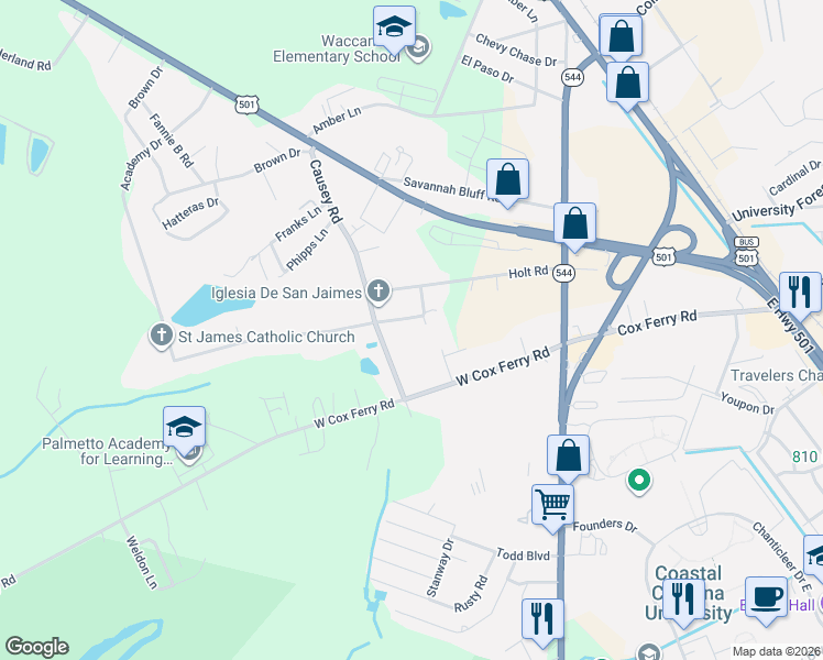 map of restaurants, bars, coffee shops, grocery stores, and more near 1050 Allen Street in Conway