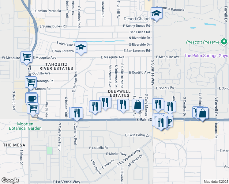 map of restaurants, bars, coffee shops, grocery stores, and more near 1515 South Driftwood Drive in Palm Springs