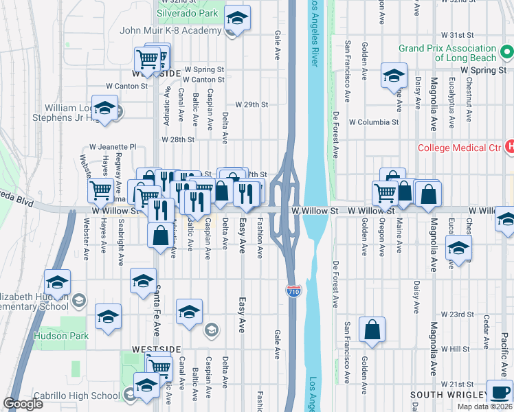 map of restaurants, bars, coffee shops, grocery stores, and more near 1303 West Willow Street in Long Beach