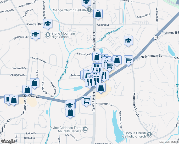 map of restaurants, bars, coffee shops, grocery stores, and more near 4749 Fellswood Drive in Stone Mountain