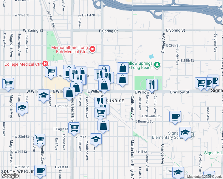 map of restaurants, bars, coffee shops, grocery stores, and more near 701 East Willow Street in Signal Hill