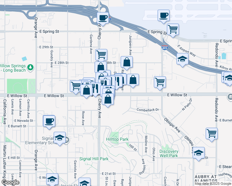 map of restaurants, bars, coffee shops, grocery stores, and more near 2208 East Willow Street in Signal Hill
