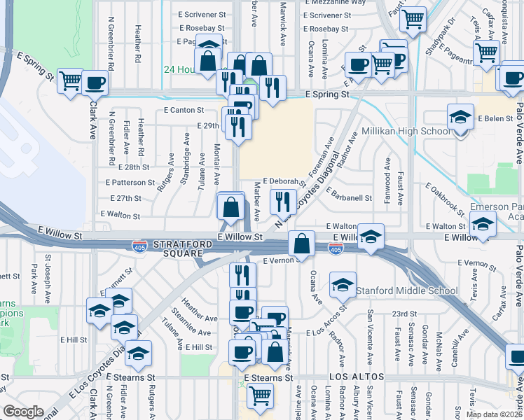 map of restaurants, bars, coffee shops, grocery stores, and more near 2625 Foreman Avenue in Long Beach