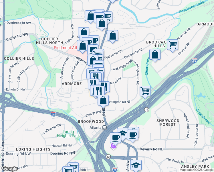 map of restaurants, bars, coffee shops, grocery stores, and more near 1801 U.S. 19 in Atlanta