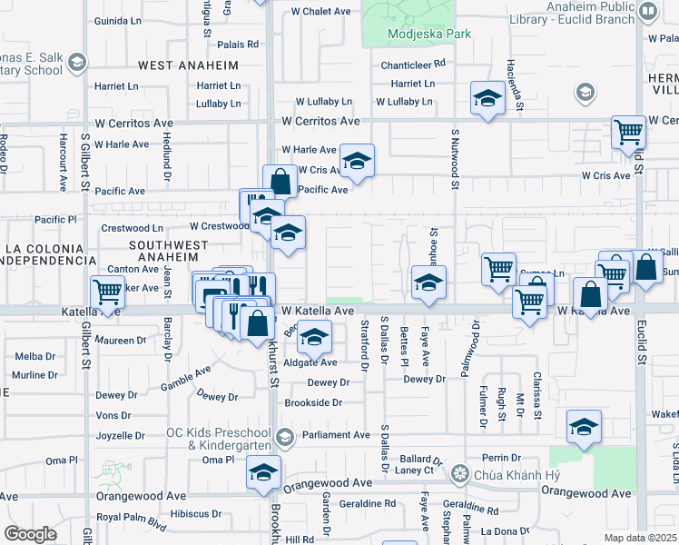 map of restaurants, bars, coffee shops, grocery stores, and more near 2118 West Judith Lane in Anaheim