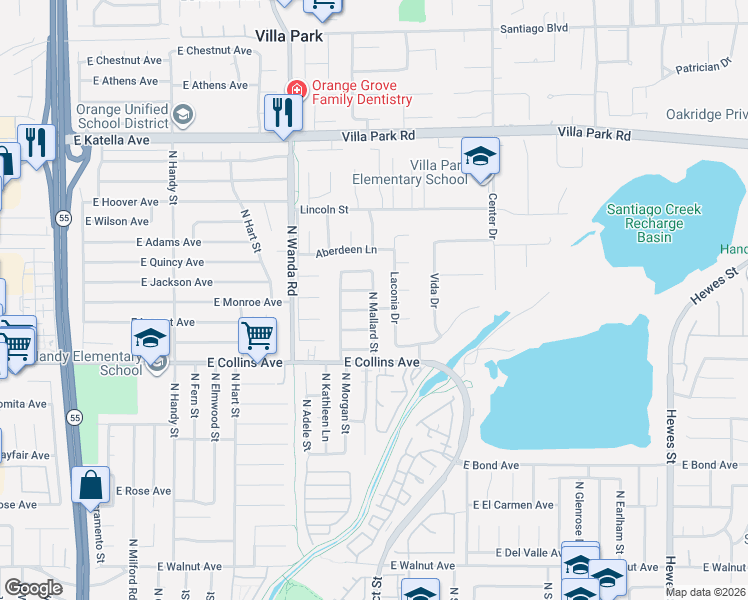 map of restaurants, bars, coffee shops, grocery stores, and more near 890 North Mallard Street in Orange