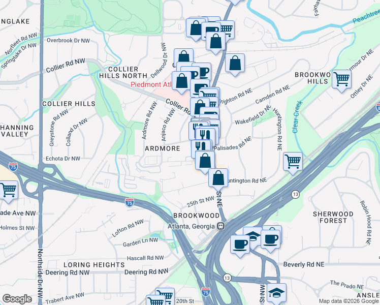 map of restaurants, bars, coffee shops, grocery stores, and more near 119 Ardmore Place Northwest in Atlanta