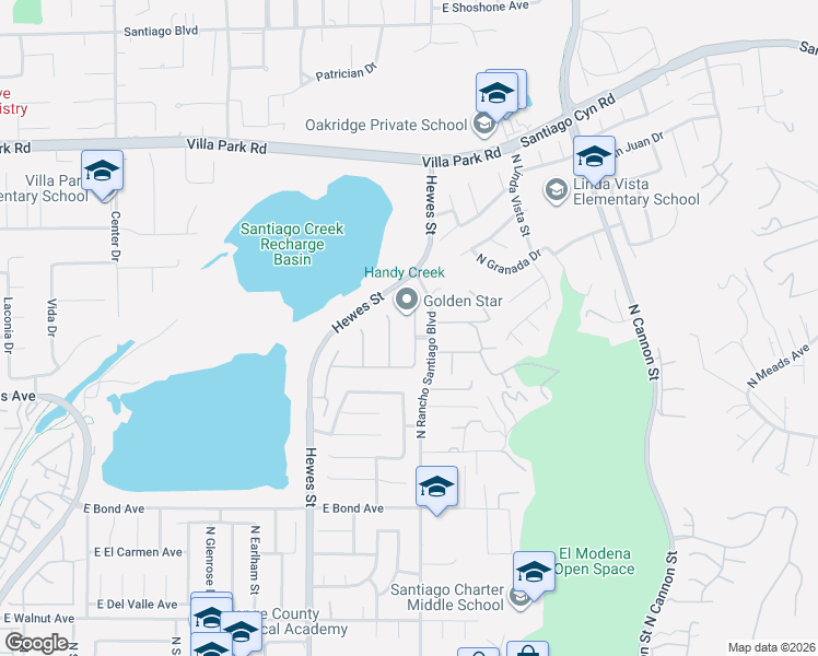 map of restaurants, bars, coffee shops, grocery stores, and more near 1024 North Cheyenne Street in Orange