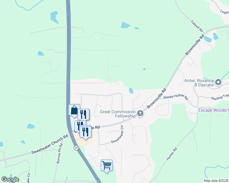 map of restaurants, bars, coffee shops, grocery stores, and more near 280 Water Way Trail in Powder Springs