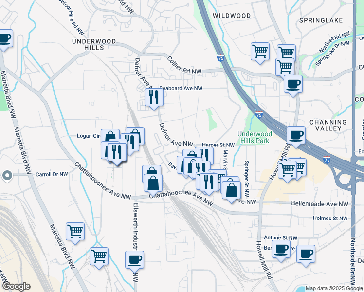 map of restaurants, bars, coffee shops, grocery stores, and more near 1812 Defoor Avenue Northwest in Atlanta