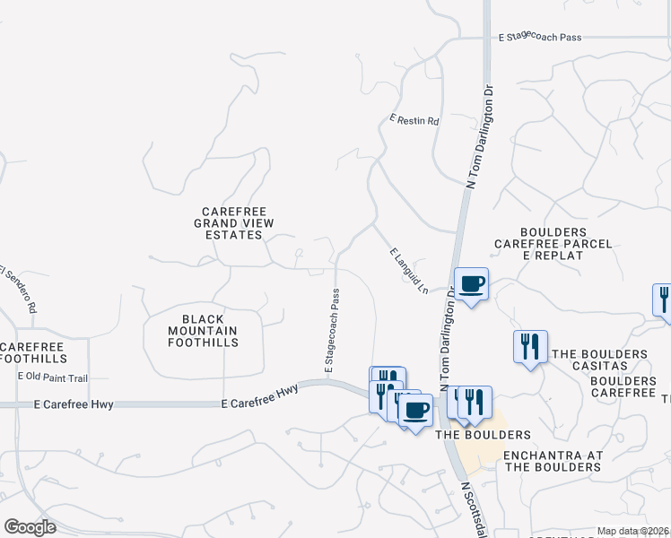 map of restaurants, bars, coffee shops, grocery stores, and more near 6863 East Stage Coach Pass in Carefree