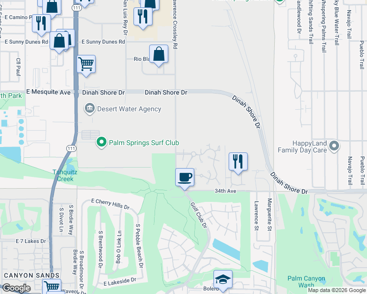 map of restaurants, bars, coffee shops, grocery stores, and more near 1527 Spyglass Plaza in Palm Springs