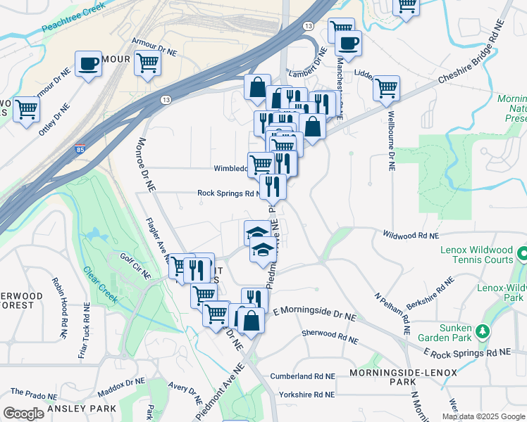 map of restaurants, bars, coffee shops, grocery stores, and more near 1824 Piedmont Avenue Northeast in Atlanta