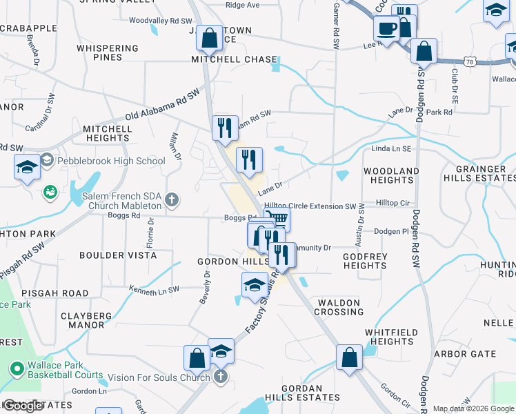 map of restaurants, bars, coffee shops, grocery stores, and more near 6140 Mableton Parkway Southwest in Mableton