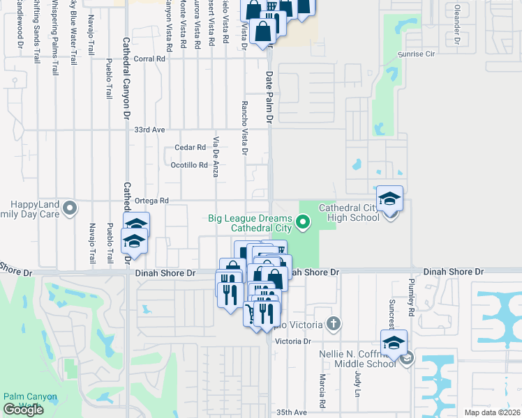 map of restaurants, bars, coffee shops, grocery stores, and more near 33669 Date Palm Drive in Cathedral City