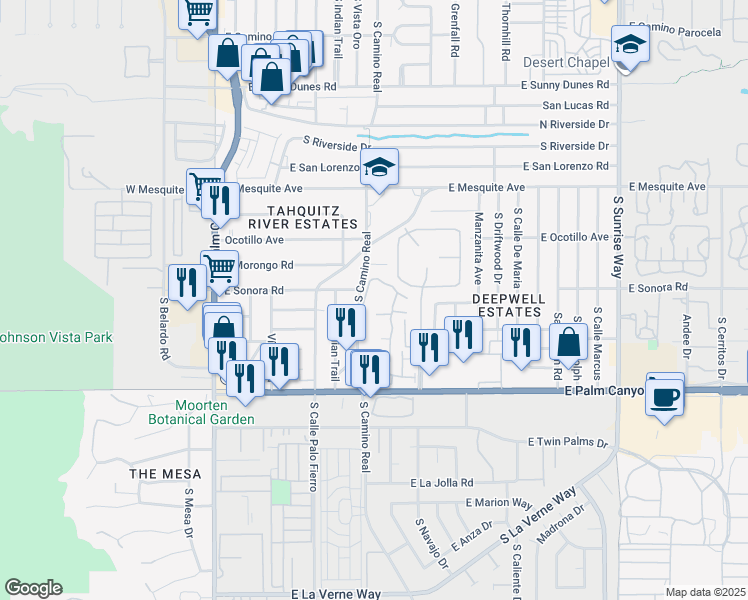 map of restaurants, bars, coffee shops, grocery stores, and more near 1515 South Camino Real in Palm Springs