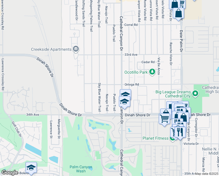 map of restaurants, bars, coffee shops, grocery stores, and more near 33631 Navajo Trail in Cathedral City