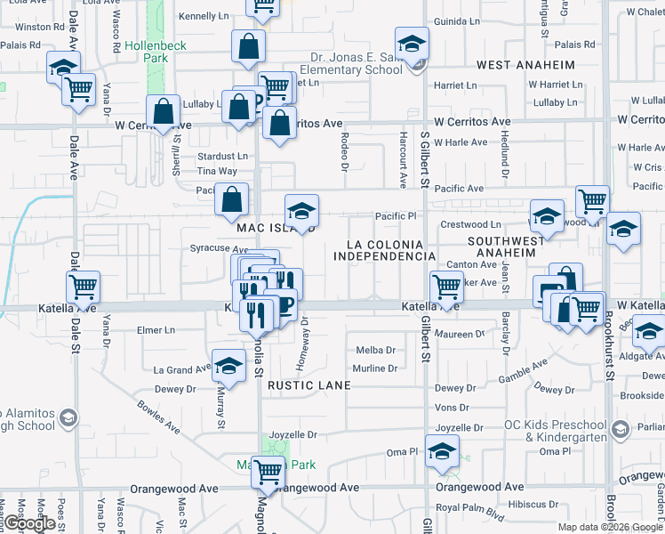map of restaurants, bars, coffee shops, grocery stores, and more near 10922 Markev Street in Anaheim