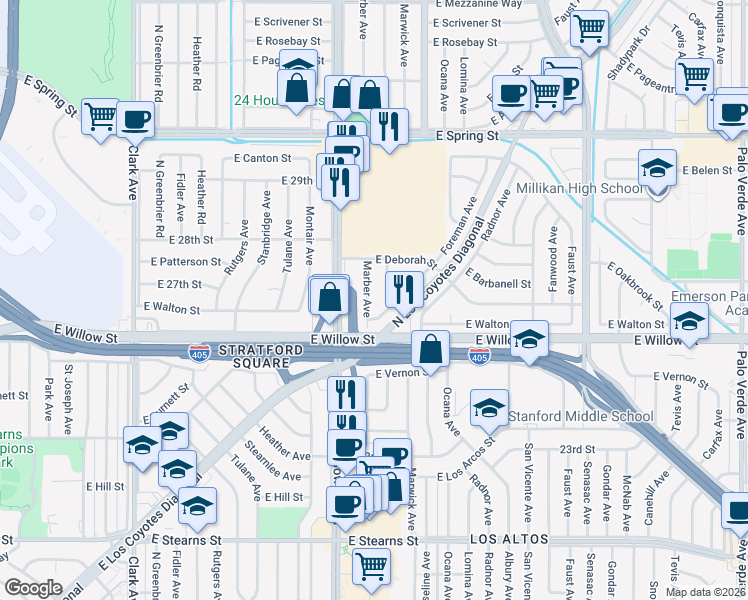 map of restaurants, bars, coffee shops, grocery stores, and more near 2625 Foreman Avenue in Long Beach