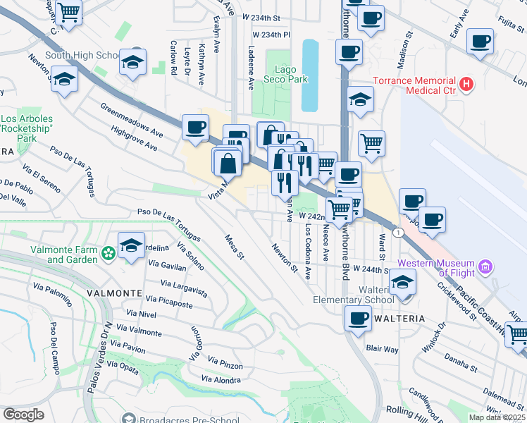 map of restaurants, bars, coffee shops, grocery stores, and more near 4063 Newton Street in Torrance