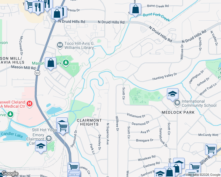 map of restaurants, bars, coffee shops, grocery stores, and more near 917 Heritage Hills Road in Decatur