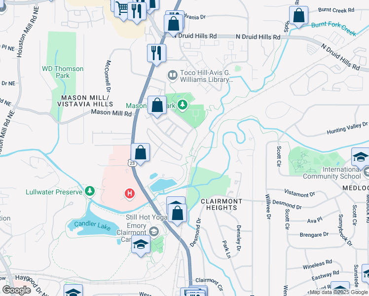 map of restaurants, bars, coffee shops, grocery stores, and more near 2043 Mason Mill Road in Decatur