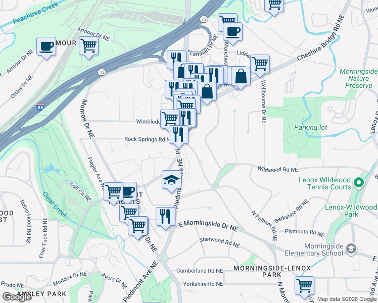map of restaurants, bars, coffee shops, grocery stores, and more near 1812 North Rock Springs Road Northeast in Atlanta