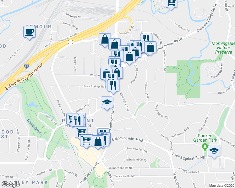map of restaurants, bars, coffee shops, grocery stores, and more near 1822 North Rock Springs Road Northeast in Atlanta