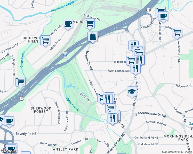 map of restaurants, bars, coffee shops, grocery stores, and more near 1821 Monroe Drive Northeast in Atlanta
