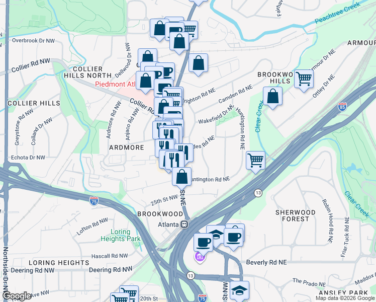 map of restaurants, bars, coffee shops, grocery stores, and more near 1801 U.S. 19 in Atlanta