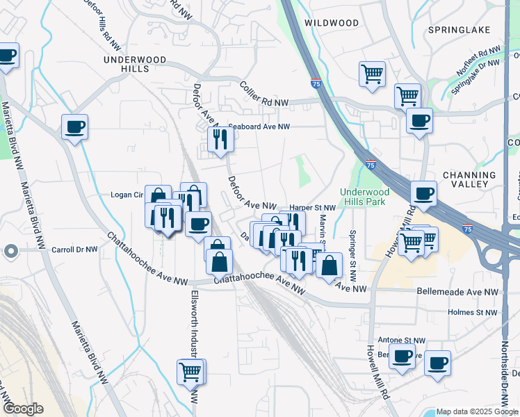 map of restaurants, bars, coffee shops, grocery stores, and more near 1812 Defoor Avenue Northwest in Atlanta