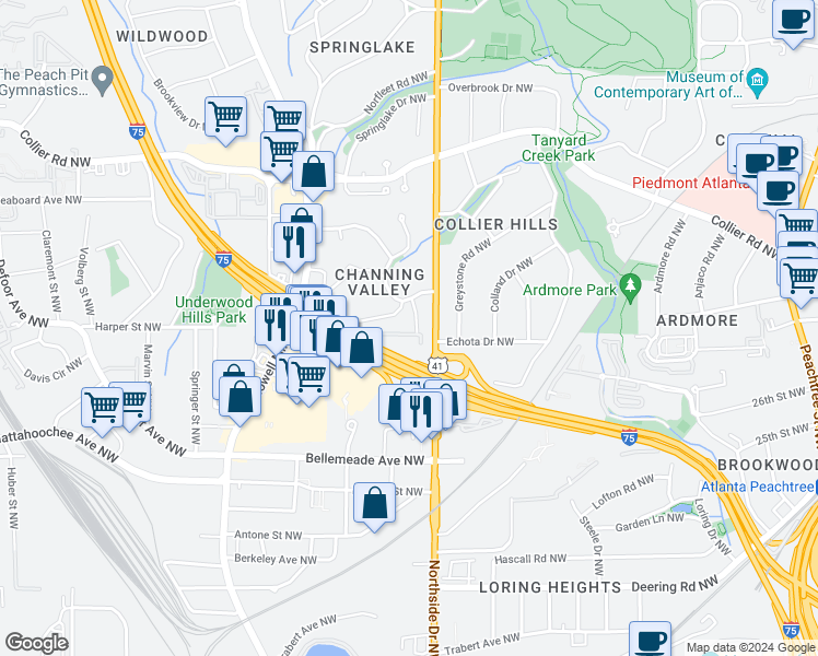 map of restaurants, bars, coffee shops, grocery stores, and more near 1700 Northside Drive Northwest in Atlanta