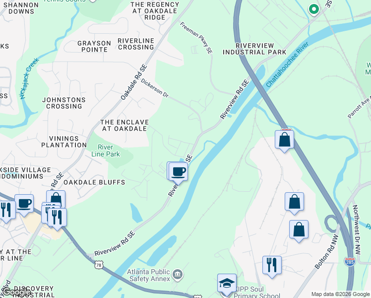 map of restaurants, bars, coffee shops, grocery stores, and more near 6140 Riverview Road Southeast in Mableton