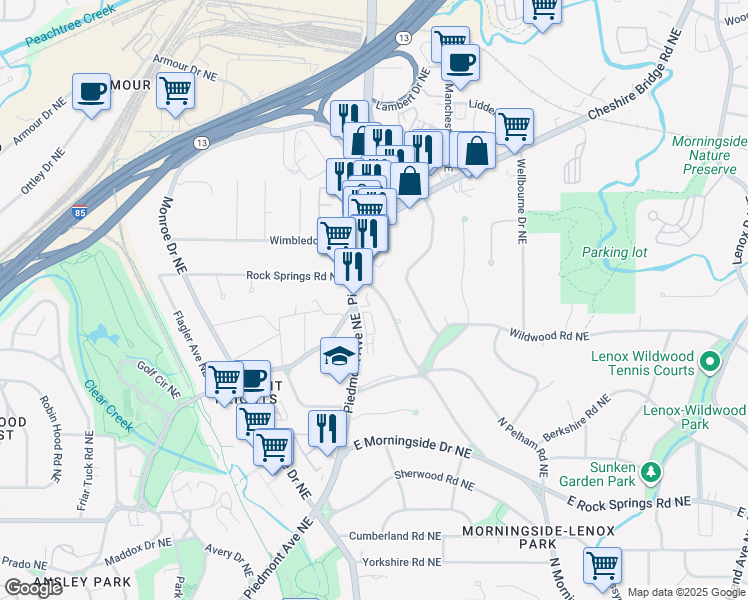 map of restaurants, bars, coffee shops, grocery stores, and more near 1812 North Rock Springs Road Northeast in Atlanta